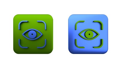 Wall Mural - Colorful Eye scan icon isolated on white background. Scanning eye. Security check symbol. Cyber eye sign. Square button. 3D render illustration