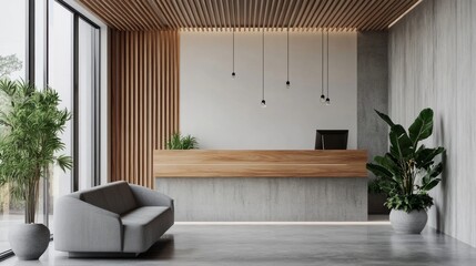 Wall Mural - Modern hotel reception and waiting area, gray sofa, wooden and white walls, concrete floor, plant pot, wood decor, large clear windows