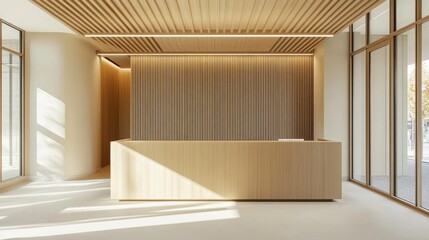 Wall Mural - Modern office reception, light wood front desk, light-colored walls, overhead LED lighting, clear windows, simple minimalist look