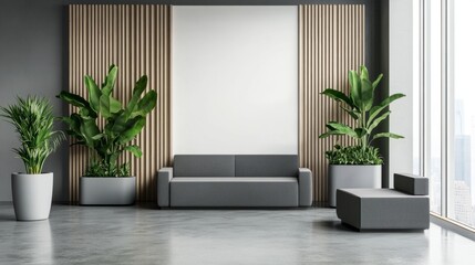 Wall Mural - Modern reception room in hotel, gray furniture, wood and white wall elements, plant pots, clear windows, concrete floor