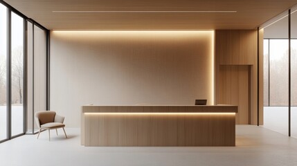 Wall Mural - Office front desk with light wood finish, LED lights, light walls, clear windows, modern minimalist design