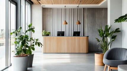 Wall Mural - Reception area of a modern hotel, gray and wood decor, white walls, concrete flooring, clear windows, plant pots bringing a natural feel cafd8b5296d0