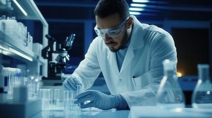 Poster - A scientist wearing protective gear carefully manipulates test tubes on a lab bench, focusing on experiments in the evening. Generative AI