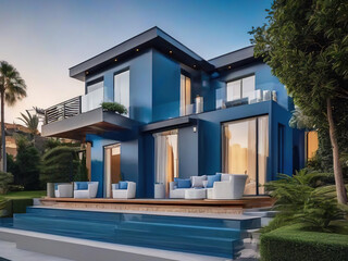 Modern luxury villa exterior in minimal scandinavian style, blue colors