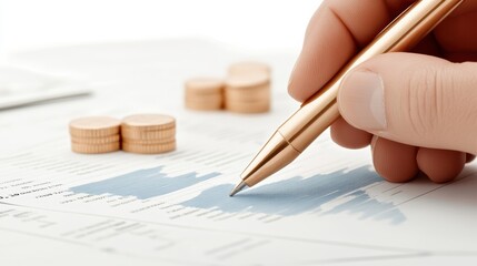 Close-up of an auditor's hand holding a pen while reviewing financial charts and reports, ensuring accuracy and compliance during business auditing and analysis.