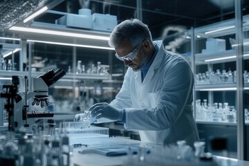 Leinwandbilder - In a high-tech lab, a focused scientist in protective gear carefully handles test tubes and samples during an evening research session. Generative AI