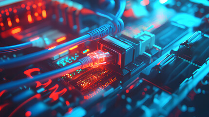 Wall Mural - closeup of an internet cable being connected the end port on one side and a network switch with blue