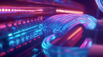 Wall Mural - closeup of an internet cable being connected the end port on one side and a network switch with blue