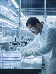 Aufkleber - A scientist in a white lab coat and protective gear meticulously handles test tubes and samples in a modern laboratory setting. Generative AI