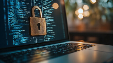 Computer screen displaying code with a digital padlock icon representing cybersecurity concepts