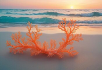 Wall Mural - Orange coral on a beach at sunset