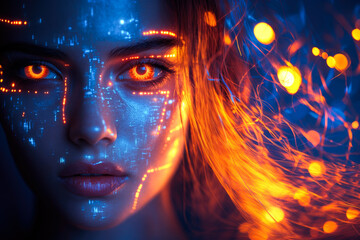 A captivating digital face with vibrant orange and blue elements swirling, creating a mesmerizing concoction of cyber aesthetics.