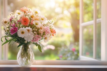 Canvas Print - A colorful bouquet adorned with various flowers sits in a glass vase on a sunny windowsill, brightening the indoor space with joy. Generative AI