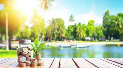 Wall Mural - Jar of coins with lush landscape in the background