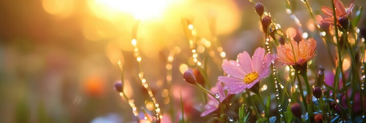 Wall Mural - Dew drops shimmer on colorful flowers as the sun rises, bringing warmth to a spring garden filled with vibrant blooms. Generative AI