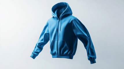 Blue zipper hoodie flying isolated on white. Fashion sport clothes object. Male, female sportswear. Stylish sweatshirt in movement.