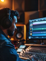 Leinwandbilder - The podcaster actively speaks into a microphone, adjusting settings on a digital audio mixer in a well-equipped recording studio. Generative AI