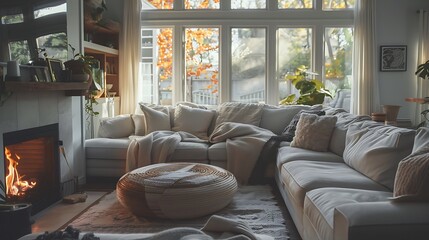 Wall Mural - Cozy living room with a modern fireplace, large sectional couch, soft throws, and natural light pouring in from a window