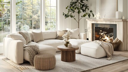 Sticker - Cozy living room with a modern fireplace, large sectional couch, soft throws, and natural light pouring in from a window