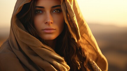 Portrait of a young Arab woman with traditional attire, gazing into the distance on a desert dune,