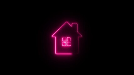 Canvas Print - Glowing neon home icon with animation. Neon pink color House, home building animation.