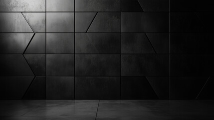 Wall Mural - polished, semigloss wall background with tiles. triangular, tile wallpaper with 3d, black blocks. 3d