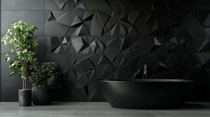 Wall Mural - polished, semigloss wall background with tiles. triangular, tile wallpaper with 3d, black blocks. 3d
