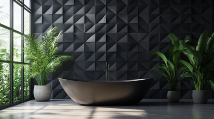 Wall Mural - polished, semigloss wall background with tiles. triangular, tile wallpaper with 3d, black blocks. 3d