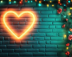 Poster - Neon Heart Shaped Sign on Brick Wall Background