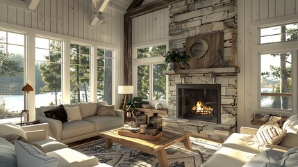 Sticker - Cozy living room with a rustic stone fireplace, plush seating, and large windows letting in natural light