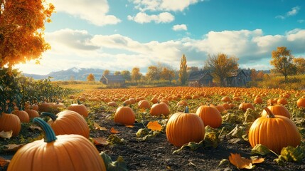 pumpkin patch on sunny autumn day. beautiful fall scene.