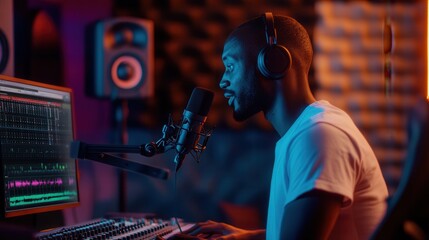 Aufkleber - A podcaster speaks into a microphone in a vibrant studio, fully focused on delivering engaging discussions to listeners. Generative AI