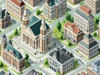 2408 51.A detailed illustration set featuring exterior facades of key urban buildings, including a grand university with stone columns, a modern glass-paneled hotel, and a traditional church with a