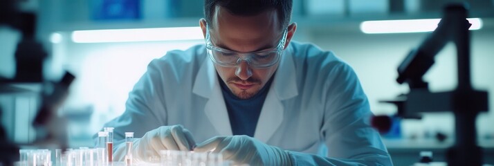 Aufkleber - A scientist in a white lab coat, glasses, and gloves is focused on handling test tubes and samples in a well-lit laboratory. Generative AI