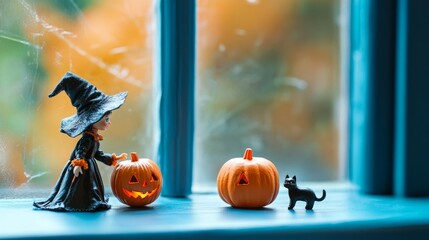 Toy witch with pumpkin and black cat, playful Halloween scene against blue background and clear windows