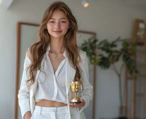 Wall Mural - a professional woman dressed in a white suit holds a gold trophy cup. Set against a white background, this image is ideal for themes of success, business attire, and corporate environments.