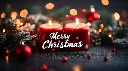 Two red candles with a 'Merry Christmas' message on them, lit and surrounded by Christmas lights and decorations.