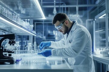 Aufkleber - A scientist dressed in a lab coat, gloves, and safety glasses meticulously processes test tubes and samples in a laboratory setting. Generative AI