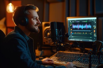 Leinwandbilder - The podcaster speaks into a microphone, attentively managing equipment and interacting with an audience in a contemporary studio. Generative AI