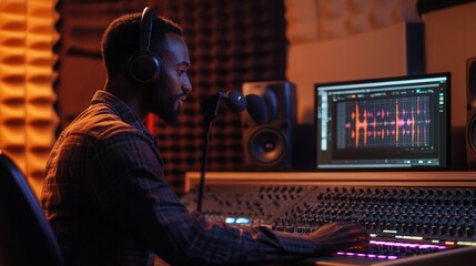 Aufkleber - The podcaster focuses on recording, adjusting equipment while engaging listeners with insightful commentary and expert knowledge. Generative AI