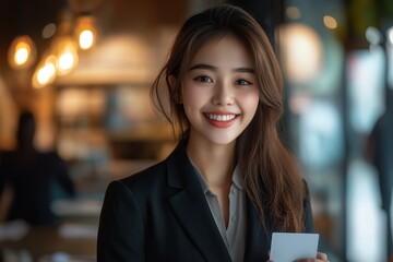 Woman wearing a black jacket and white shirt. She is smiling. She is holding a piece of paper. young Asian woman smiles brightly while holding a business card, exuding confidence in her formal attire