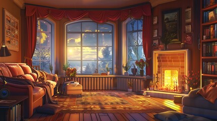 Sticker - Cozy living room with plush furniture, a large bay window, and a warm ambient glow from the fireplace