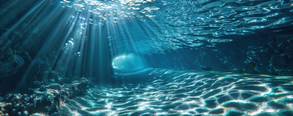 Sticker - Underwater tunnel with sunlight casting patterns on the seabed, 4K hyperrealistic photo