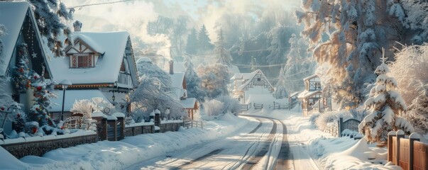 Poster - Snowy village street decorated for winter, 4K hyperrealistic photo