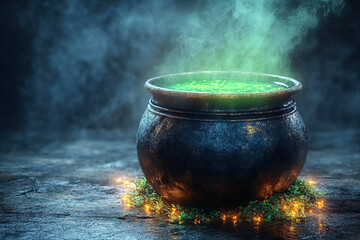 Mysterious cauldron bubbling with green liquid and smoke in a dark at Halloween night