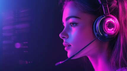 A focused female gamer wearing a headset, illuminated by colorful lights, embodying the essence of modern gaming culture.