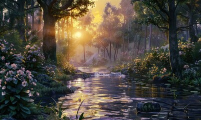 Poster - Sacred woodland sanctuary at twilight, 4K hyperrealistic photo