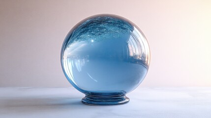 Canvas Print - A reflective blue crystal ball on a smooth surface.