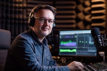 Leinwandbilder - The podcaster engages in recording, equipped with headphones and focused on audio editing in a modern studio. Generative AI