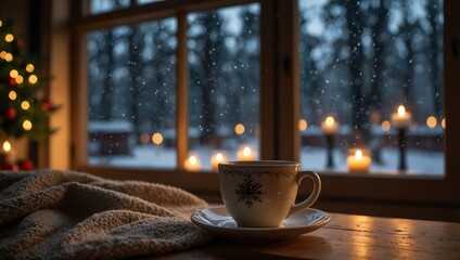 Wall Mural - Winter morning with festive decor and a warm drink by a glowing window.